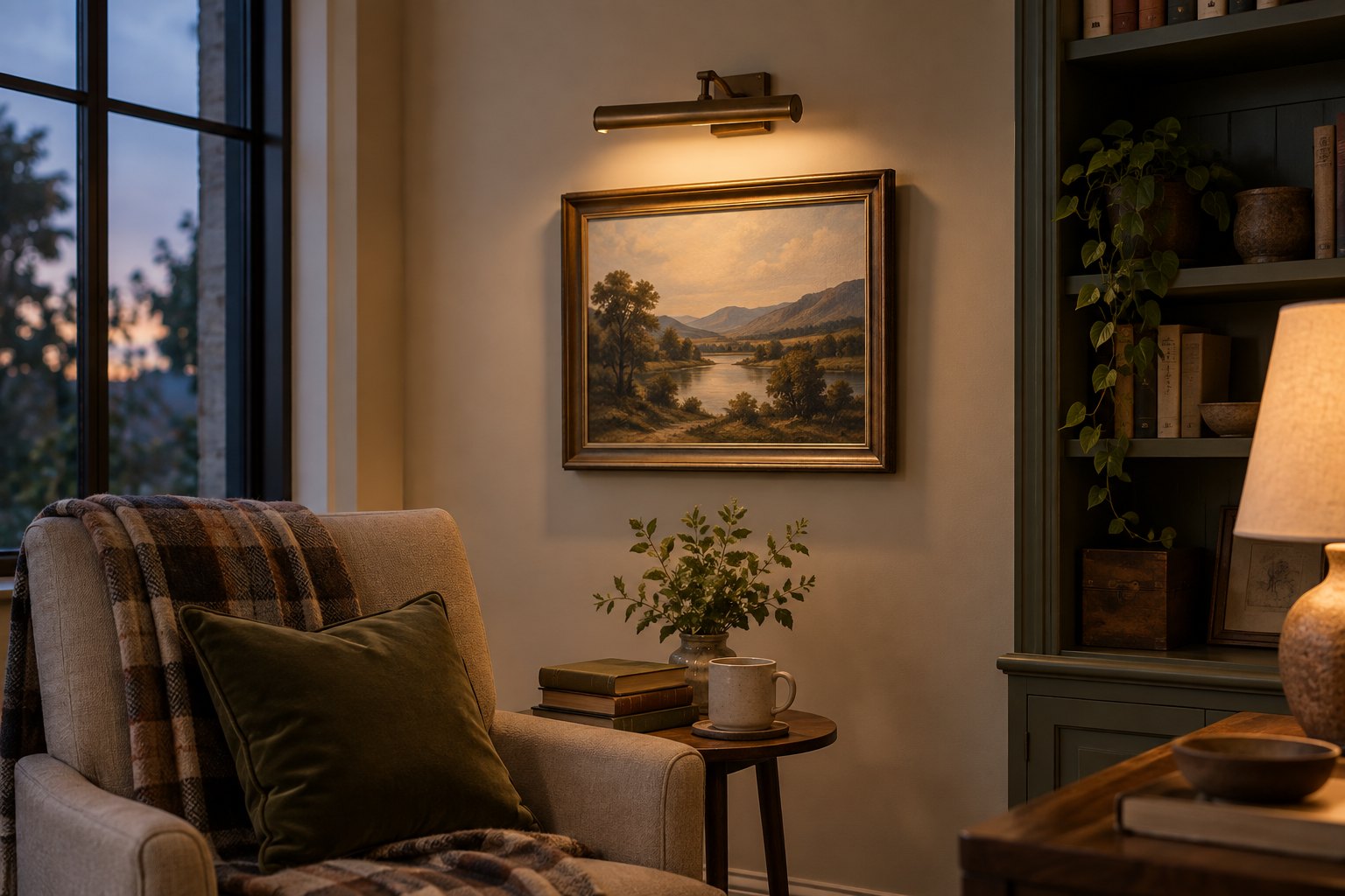 Bronze picture light over a modest framed landscape in a warm reading nook