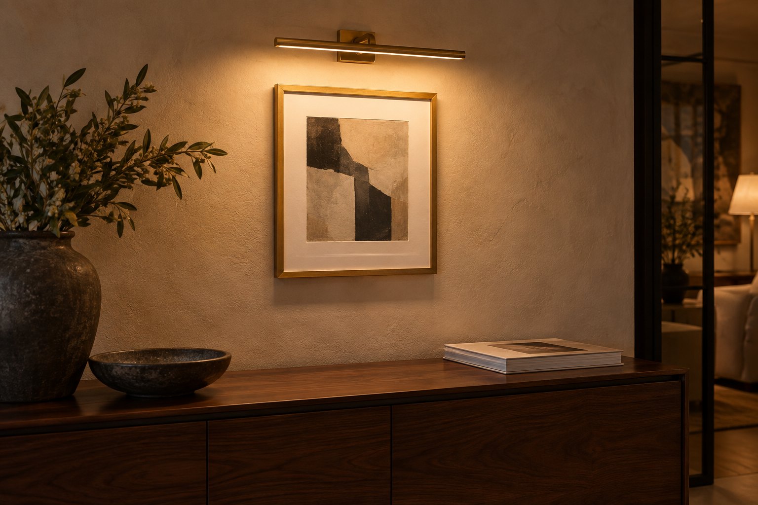 Small abstract print evenly illuminated by a slim brass picture light above a walnut sideboard