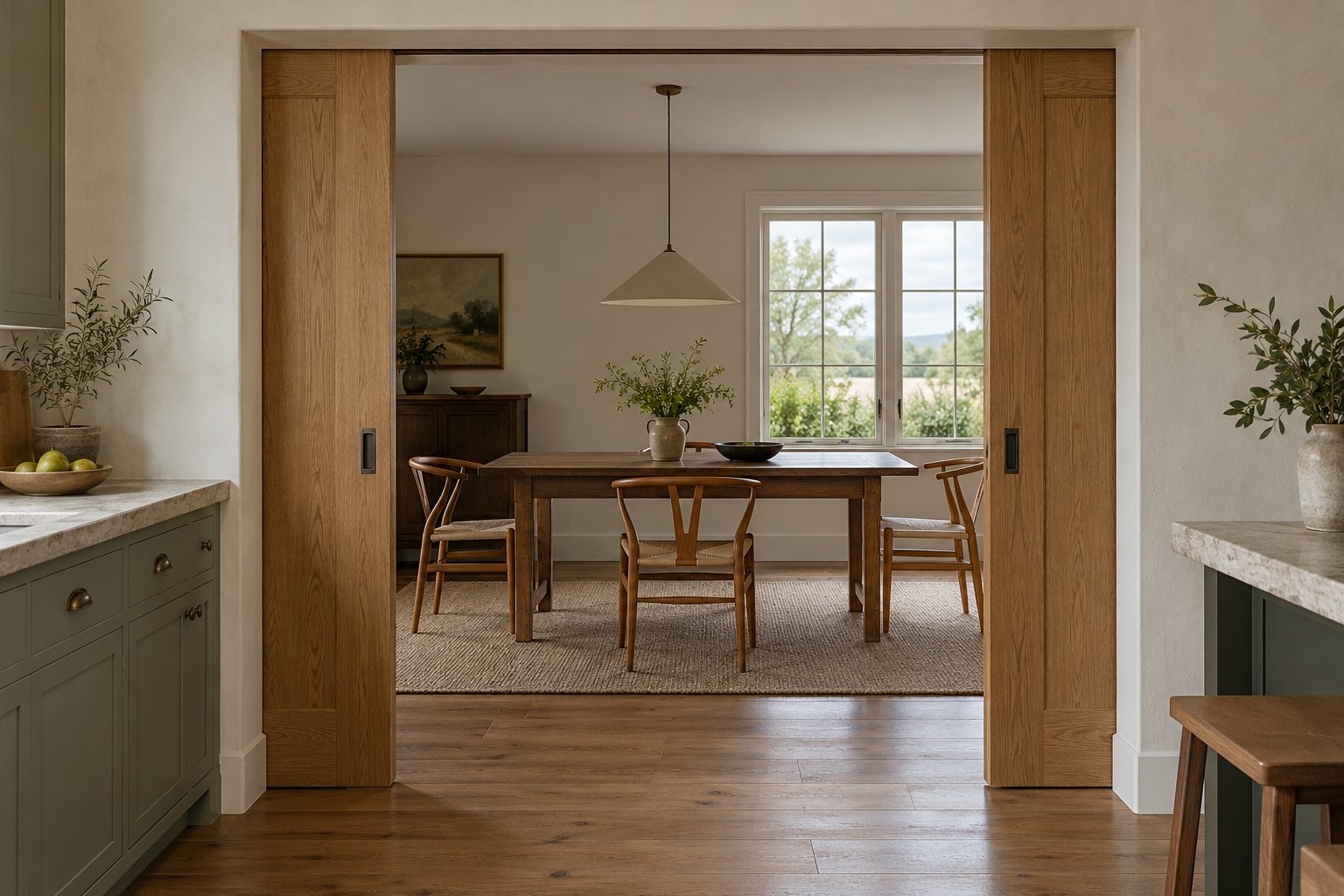 Two oak pocket door leaves partly retracted beside a dining-room opening