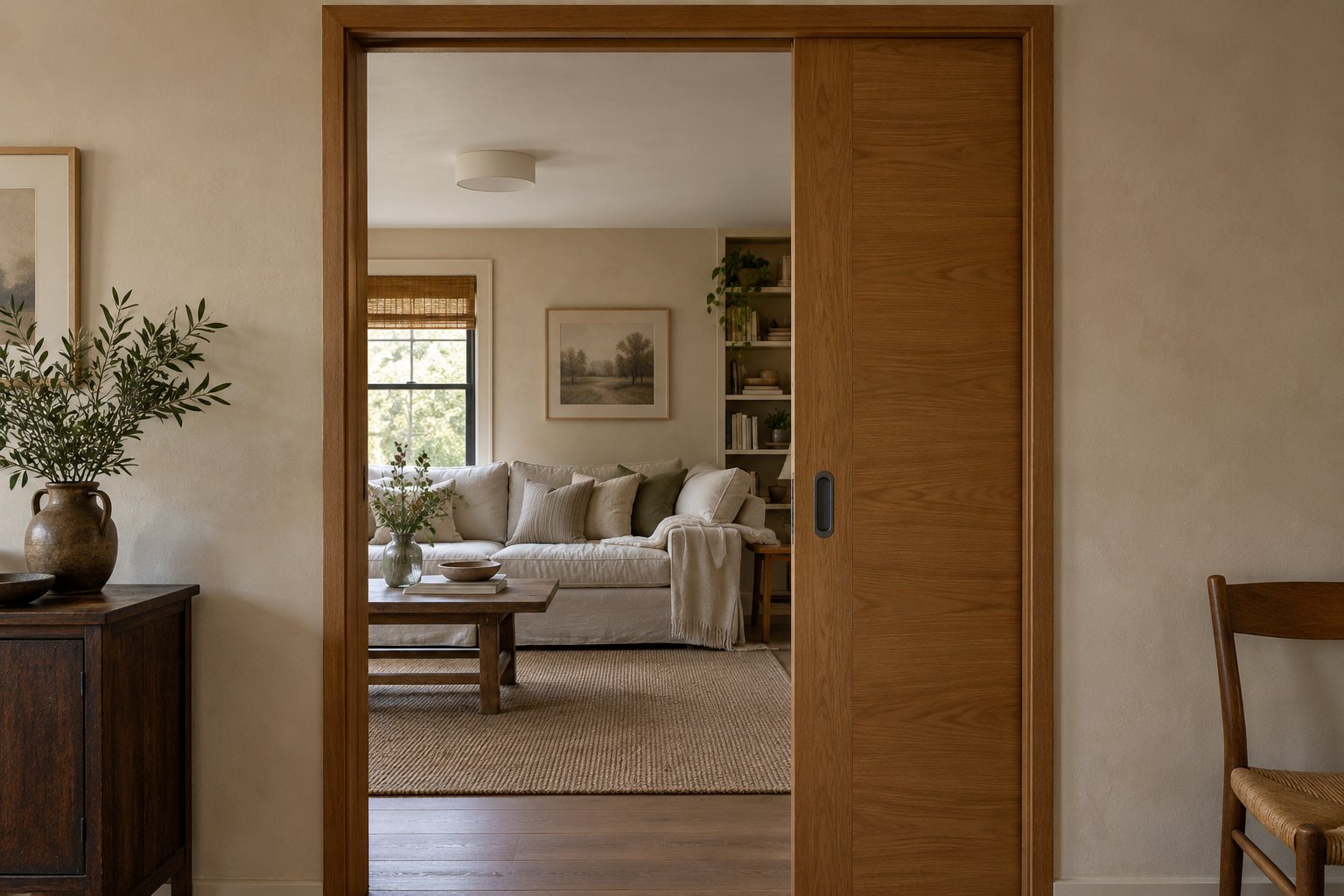 Partly open oak pocket door connecting a compact living room to a warm plaster hallway