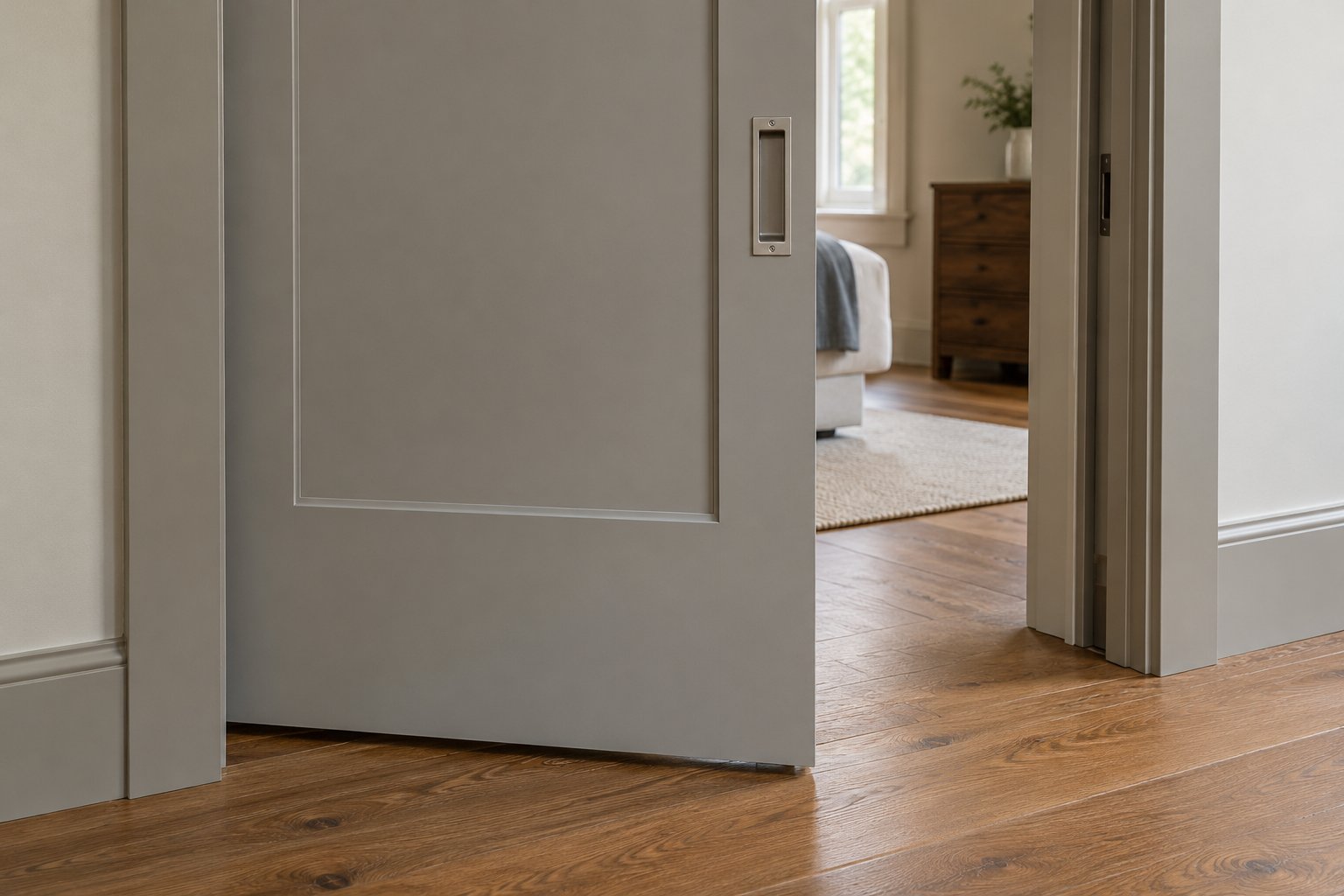 Recessed pull in a partly open grey pocket door above an oak floor