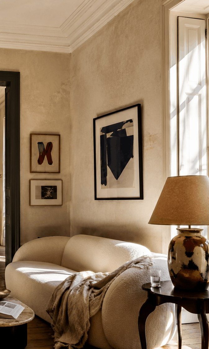 Plaster living room corner with cream sofa, framed abstract art and ceramic lamp