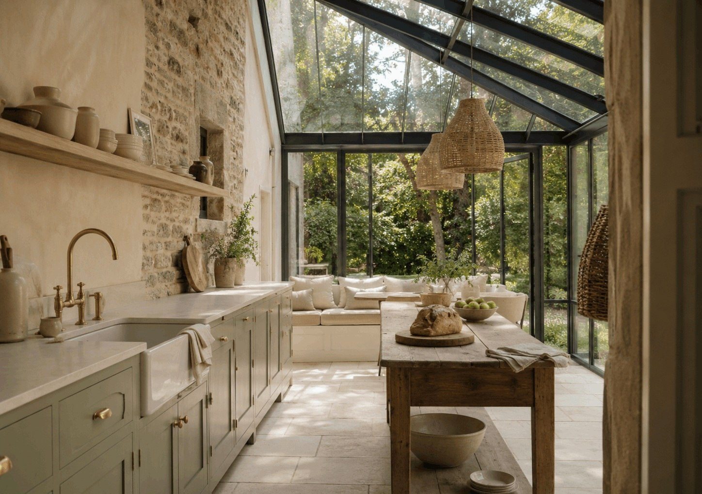 Sage green kitchen with glass roof, stone wall, brass taps and rustic timber table