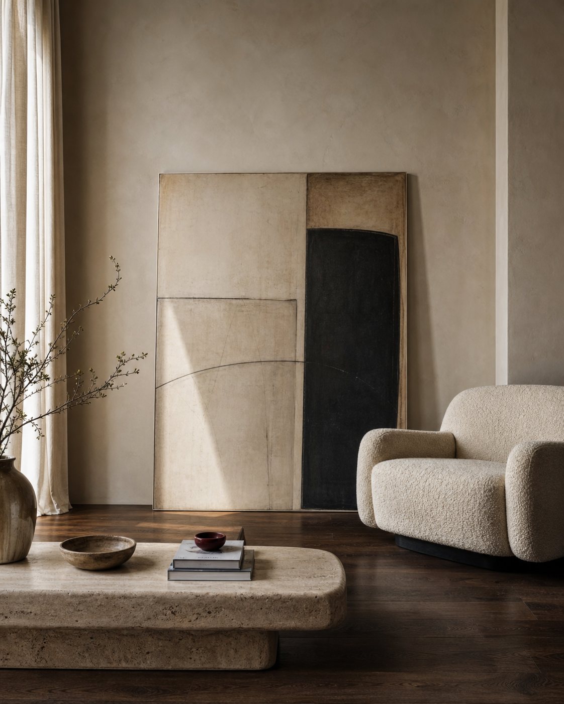 Minimal reading nook with oversized abstract artwork, cream boucle chair and travertine coffee table