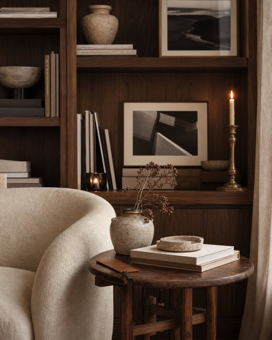 Walnut reading nook shelves with vintage objects, abstract photography, candleholder and cream chair