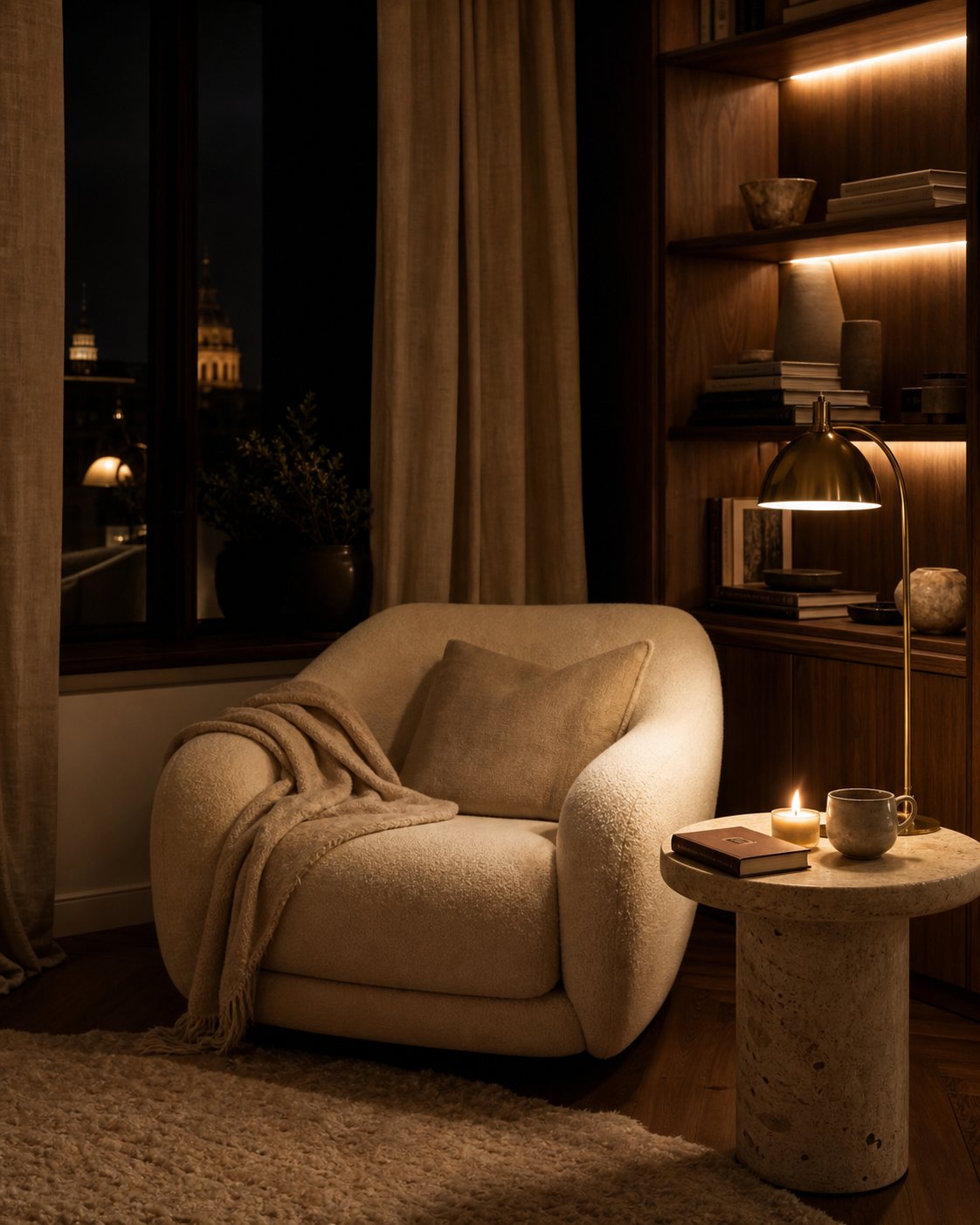 Evening reading nook with cream chair, walnut shelves, warm brass lamp and candlelight
