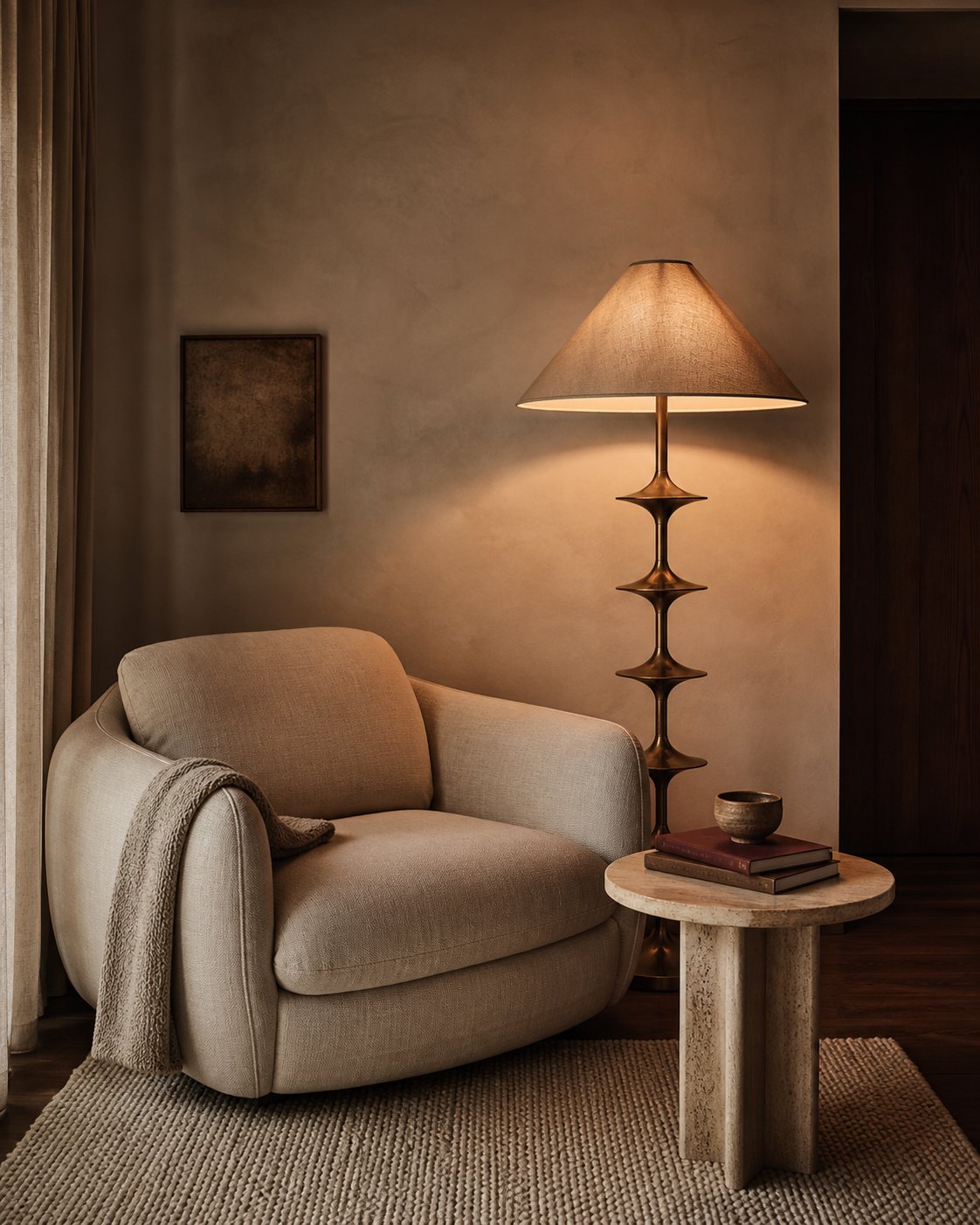 Cream reading chair with travertine side table and sculptural aged brass floor lamp at dusk