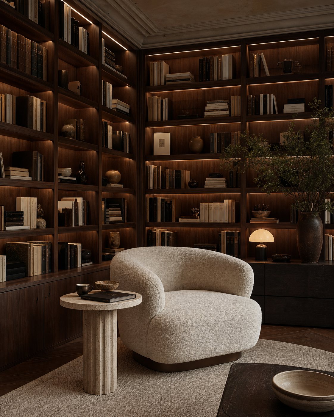Dark walnut library corner with cream boucle chair and warm shelf lighting