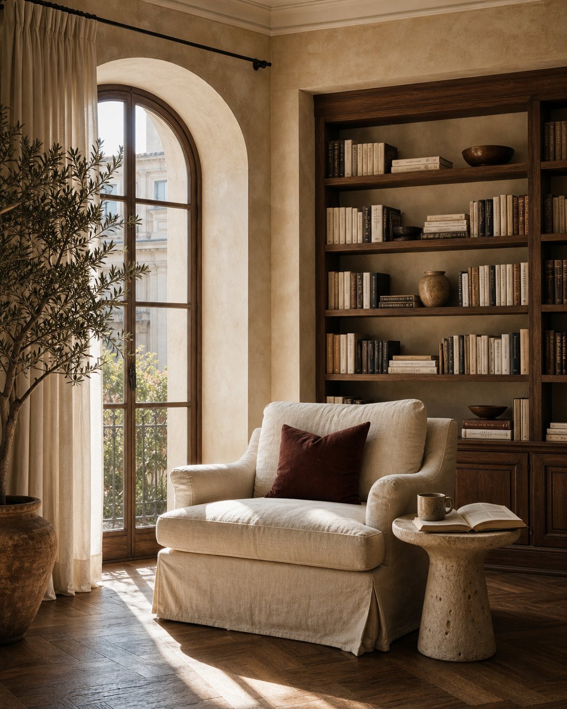 Luxury reading nook with arched window, linen armchair and walnut bookshelves