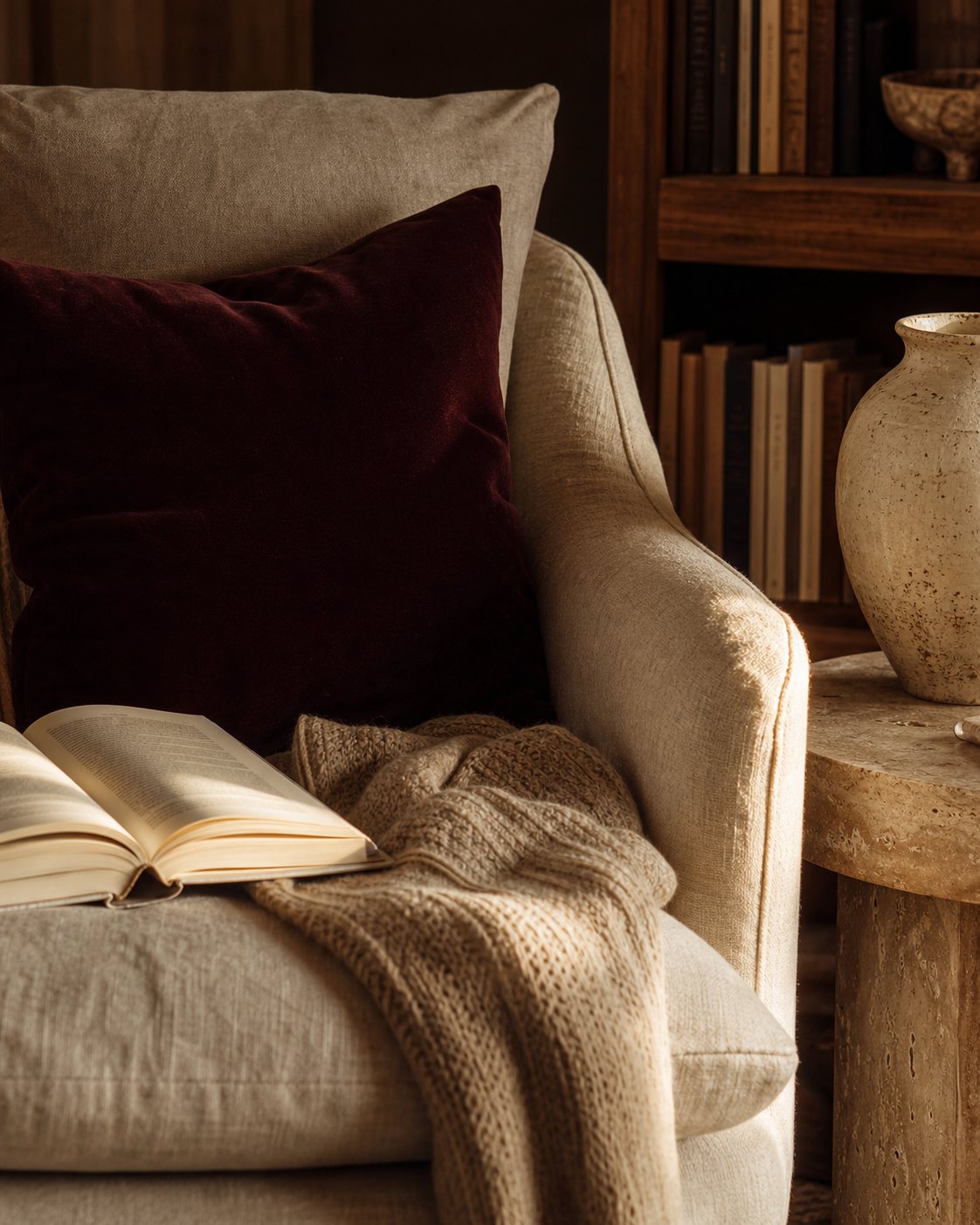 Close detail of cream linen reading chair, burgundy cushion, open book and travertine side table