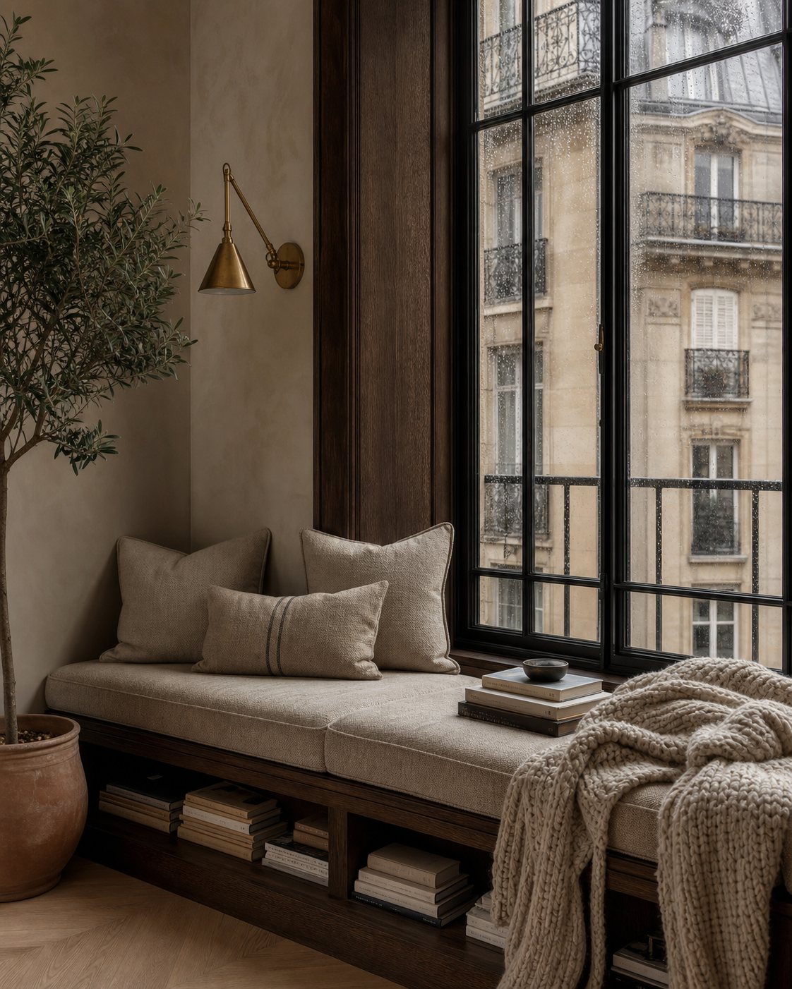 Built-in window bench with oatmeal cushions, rainy city view and brass reading sconce