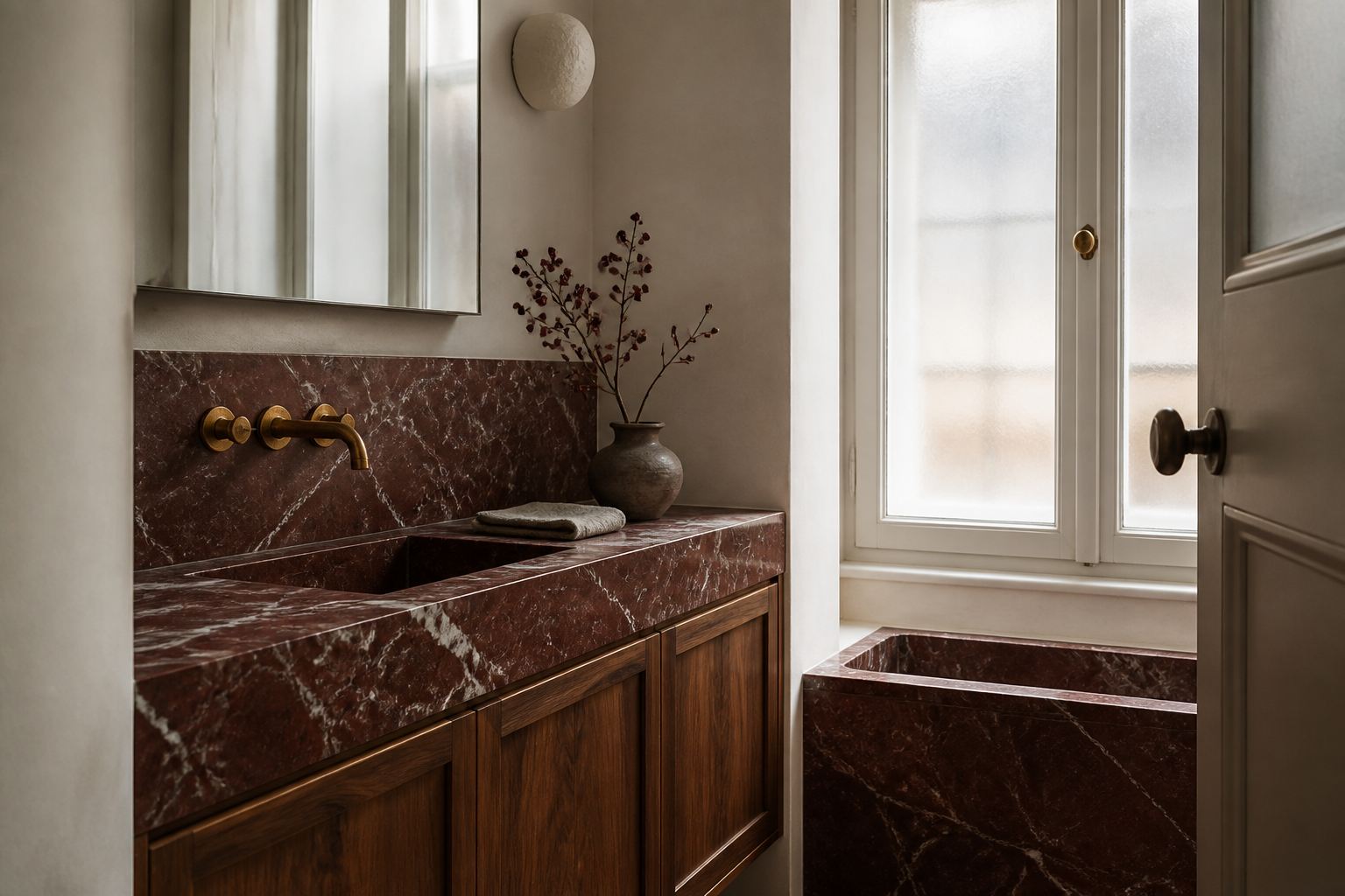 Compact European bathroom with a burgundy marble vanity and bath, walnut cabinetry and ivory plaster