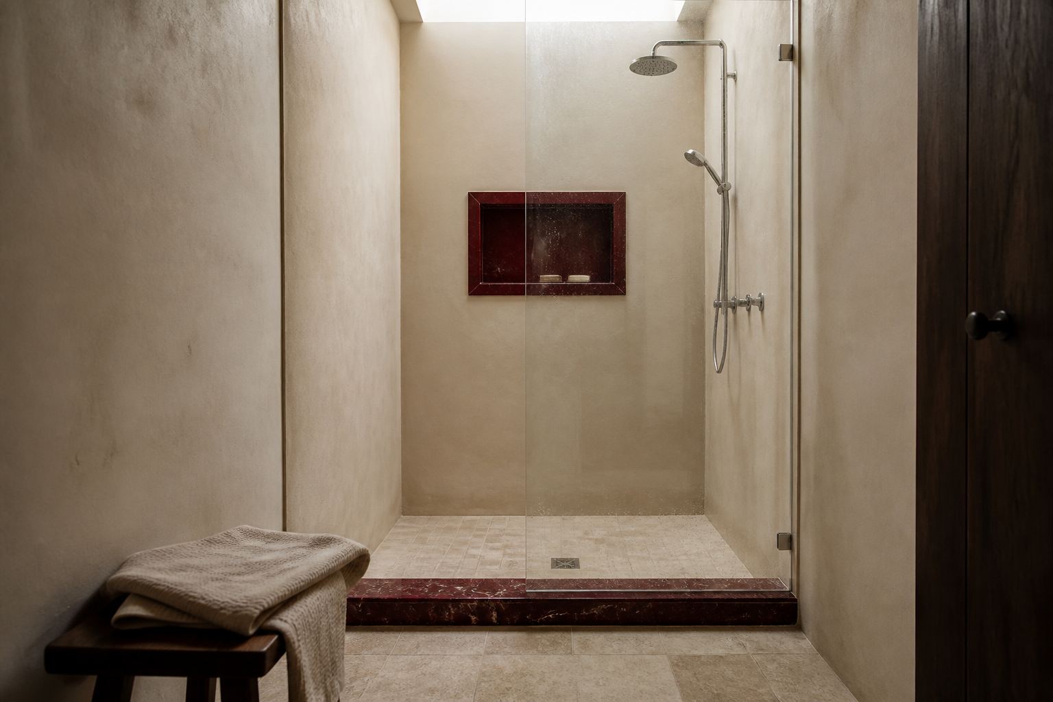 Cream limewash shower detailed with a burgundy marble threshold and niche, pale stone floor and nickel fittings