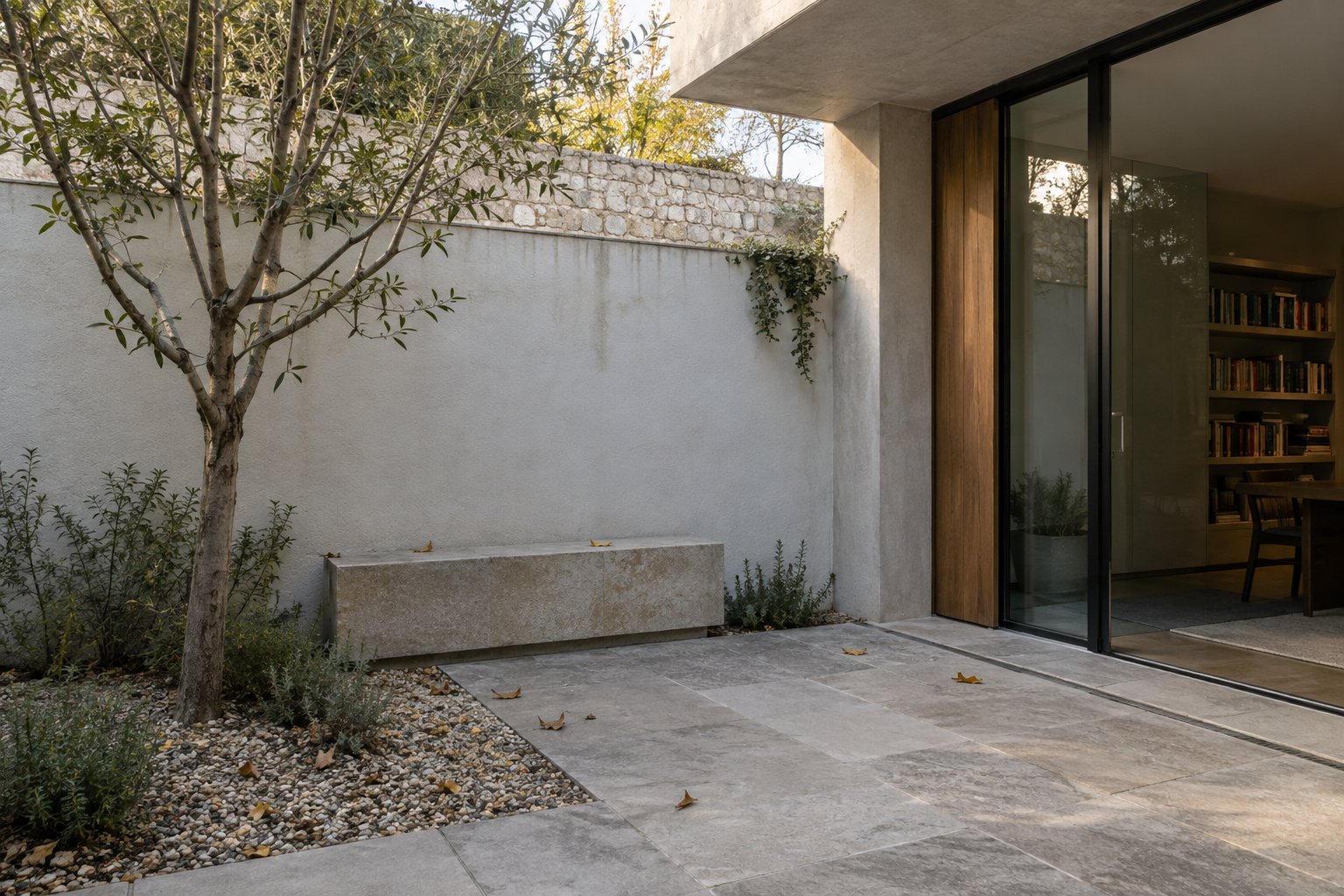 Young courtyard tree in a gravel bed beside jointed stone paving and a low rendered bench