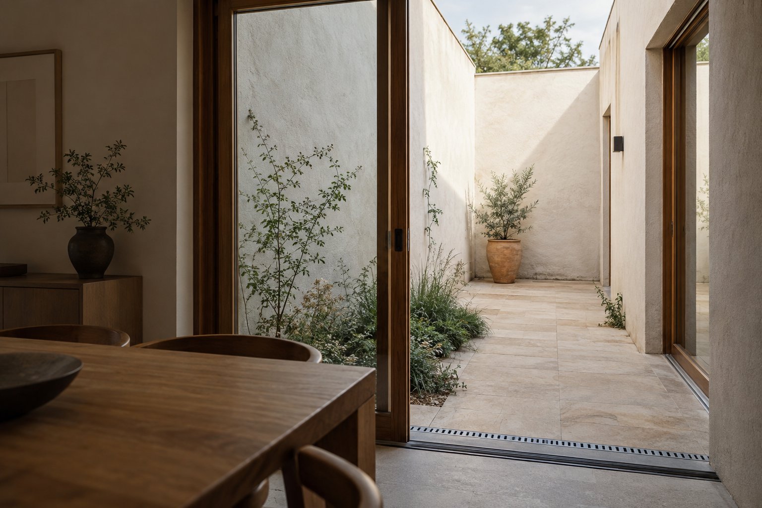 Dining room opening through a timber-framed sliding door to a narrow planted courtyard