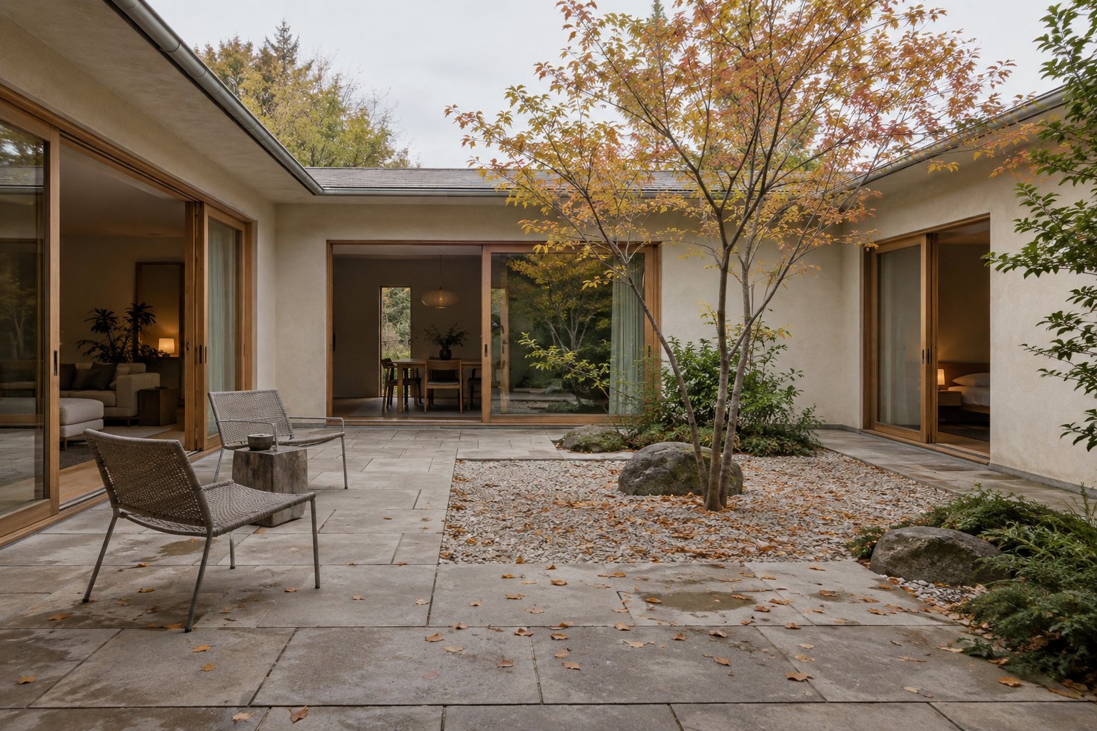 Compact courtyard framed by pale rendered walls and timber doors, with a young tree, stone paving and two woven chairs
