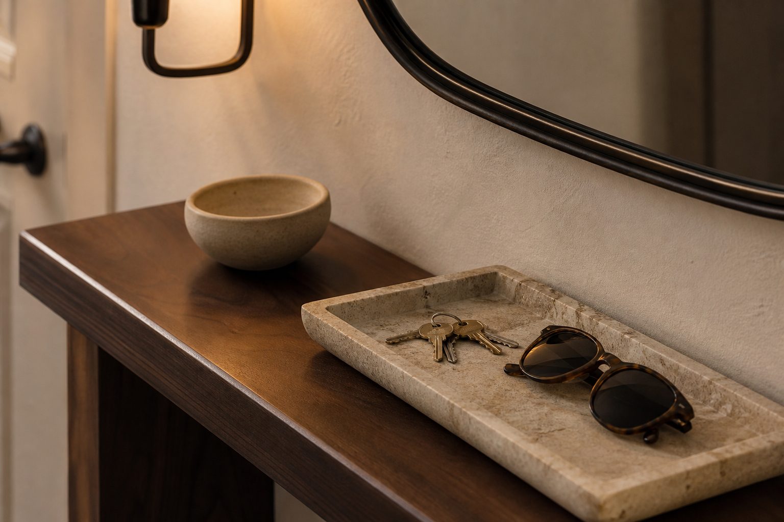 Small entryway drop zone with stone tray, keys, sunglasses and walnut console