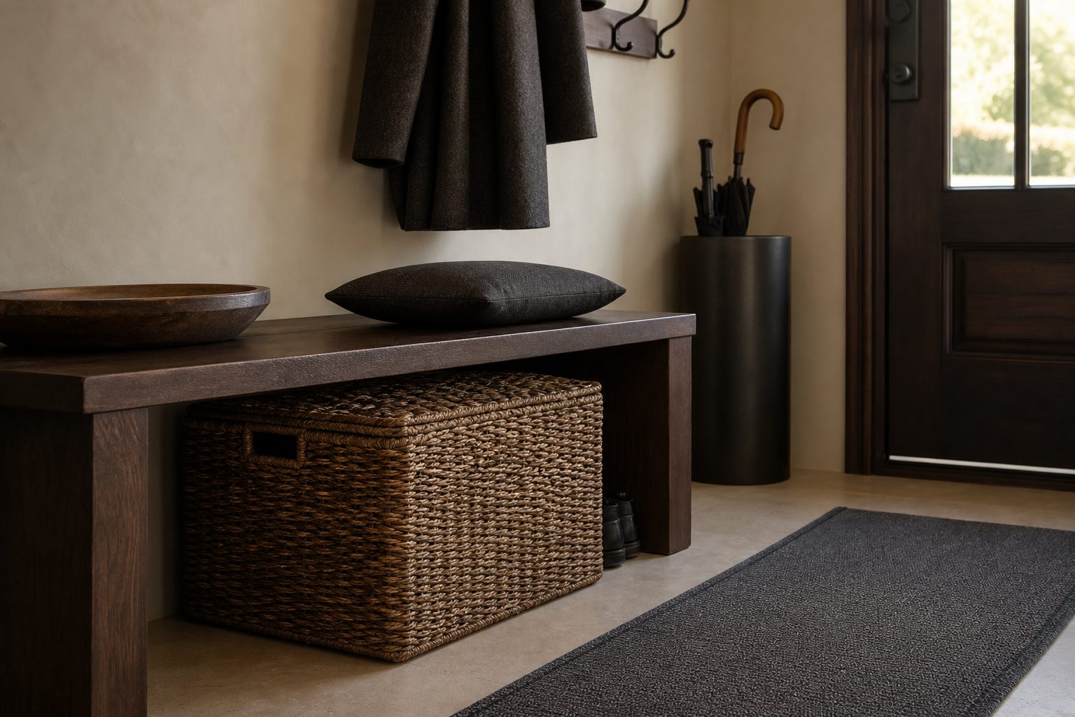Small entryway storage with dark wood bench, woven basket, coat hooks and runner