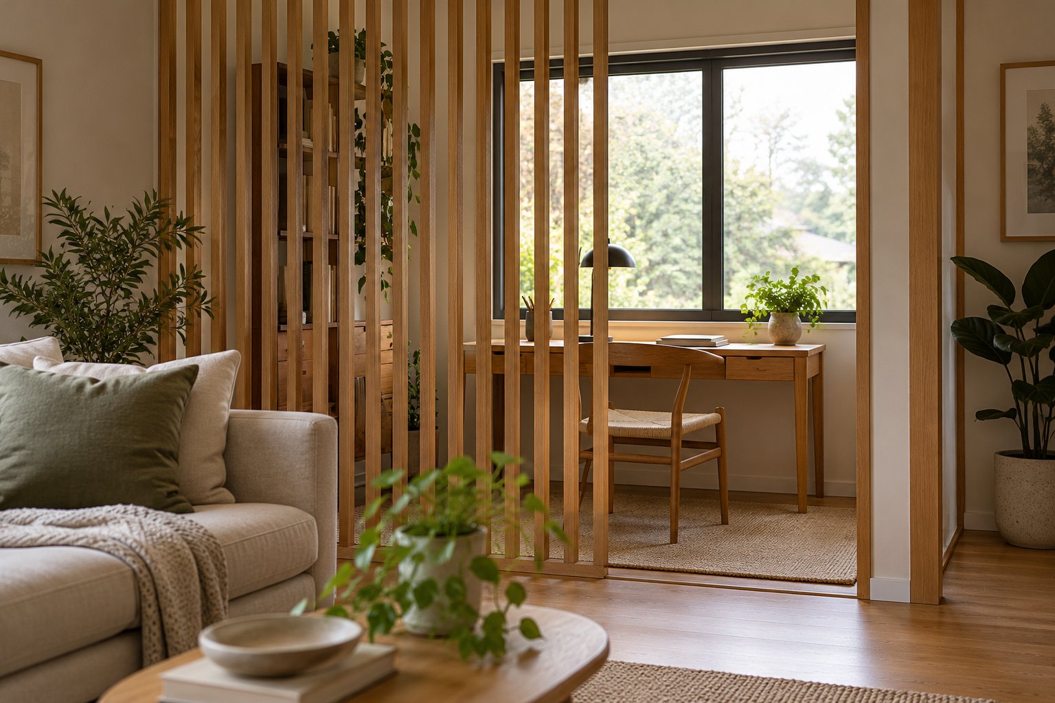 Writing desk and chair seen through an open oak slat screen beside a living room