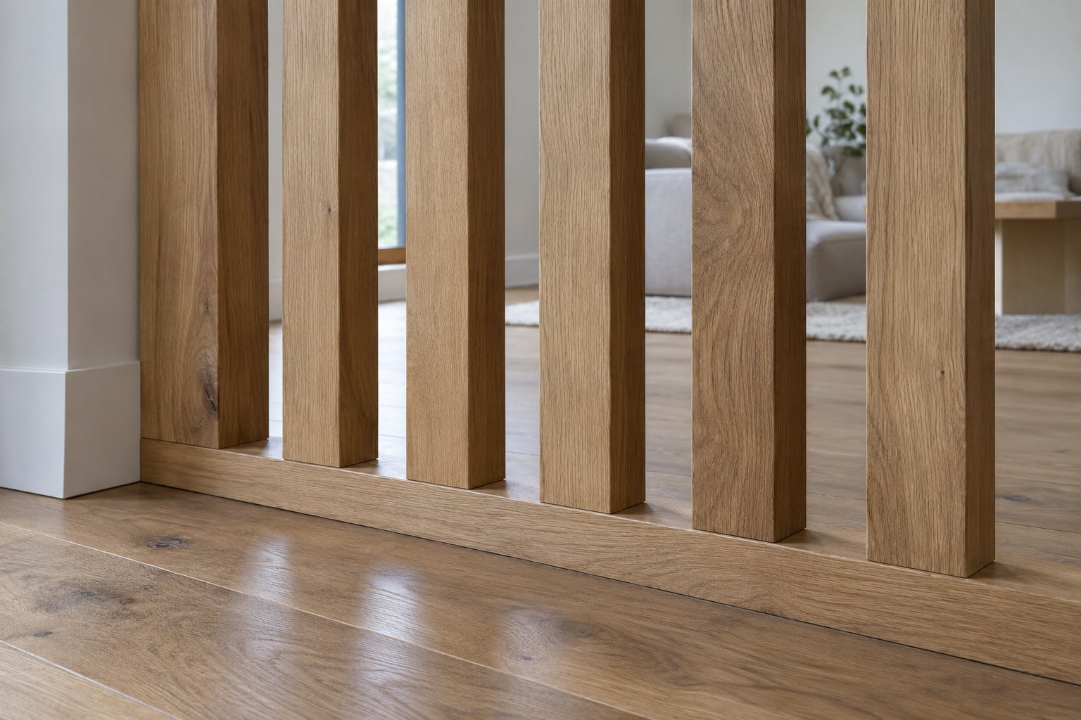 Oak battens meeting a matching bottom rail with open gaps between them