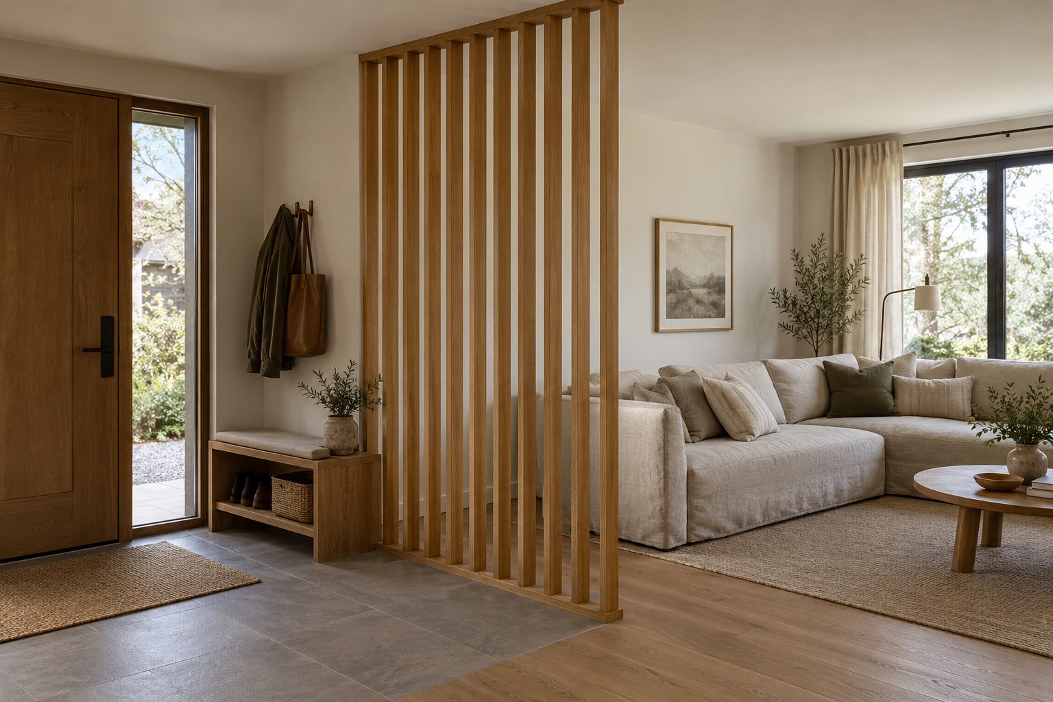 Fixed oak slat room divider separating a small entrance bench from a linen sofa