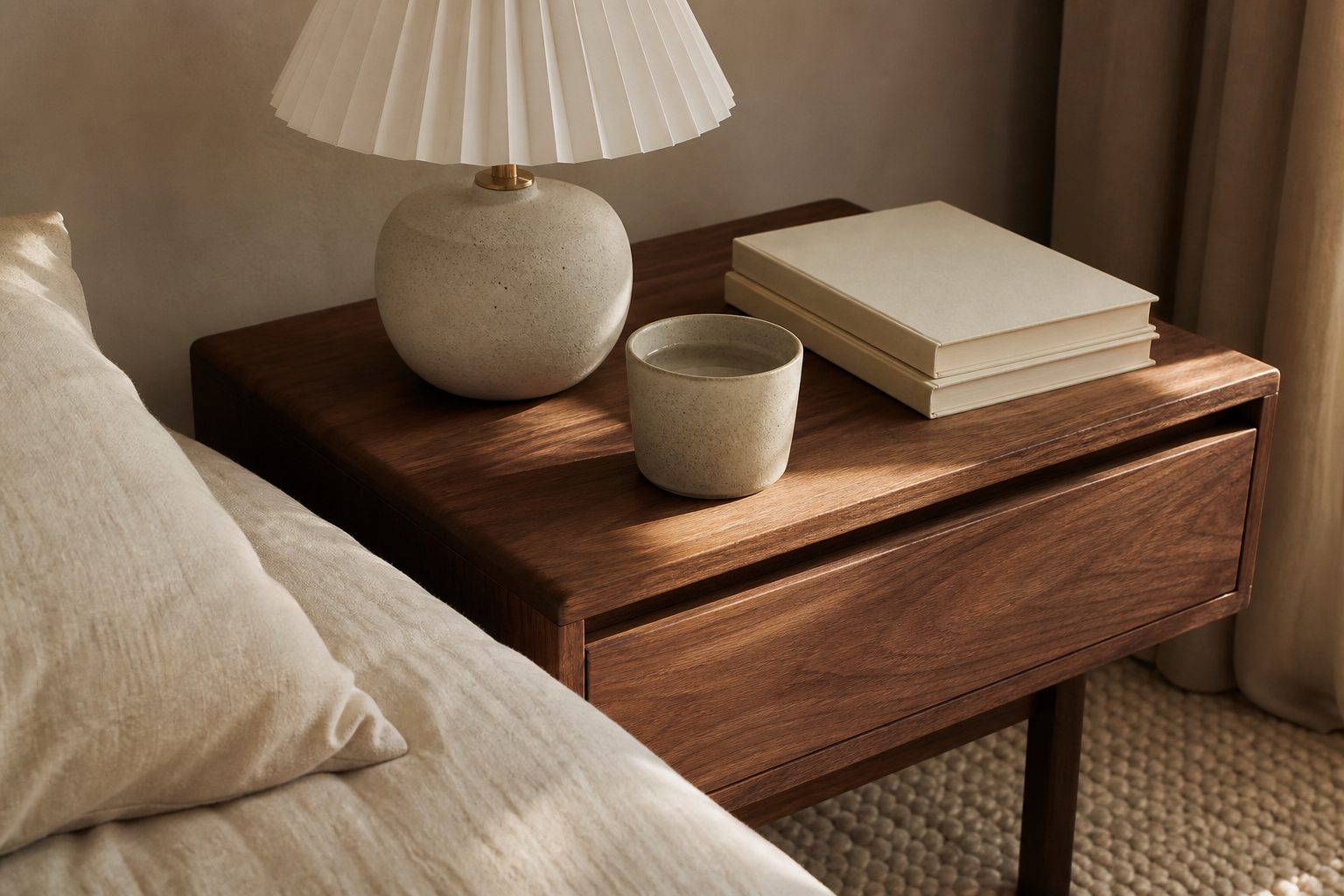 Warm minimalist bedside table with ceramic lamp, linen bedding and blank books