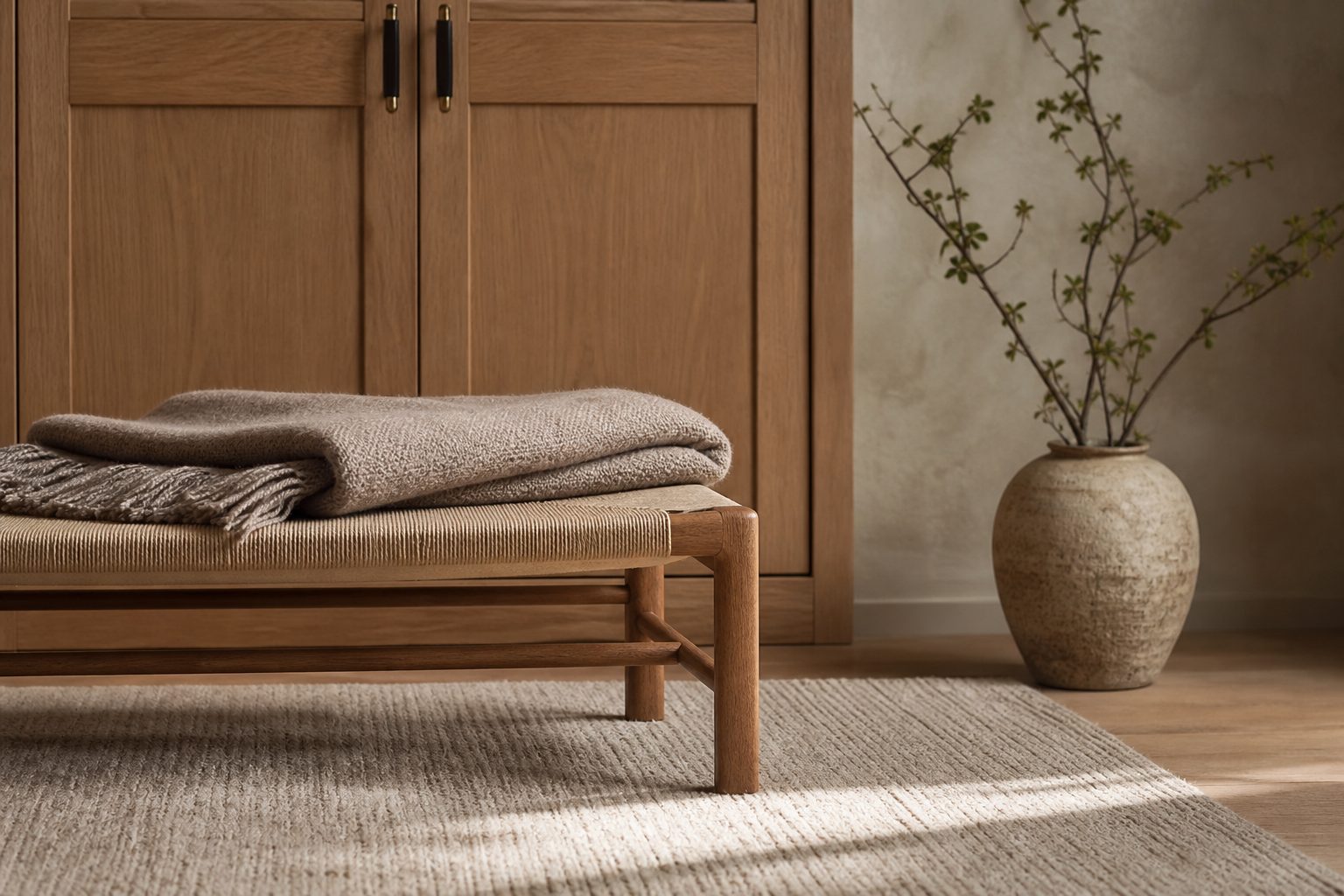 Oak bench, folded wool blanket and closed storage in a warm minimalist bedroom