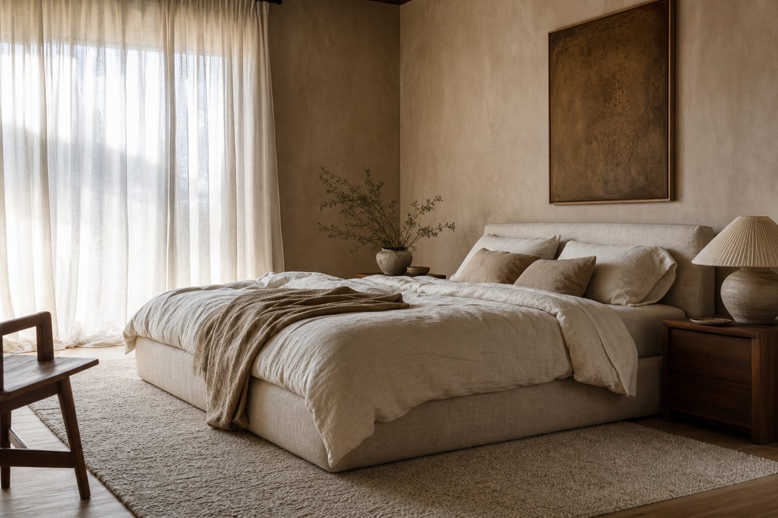 Warm minimalist bedroom with linen bedding, walnut bedside table and paper shade lamp
