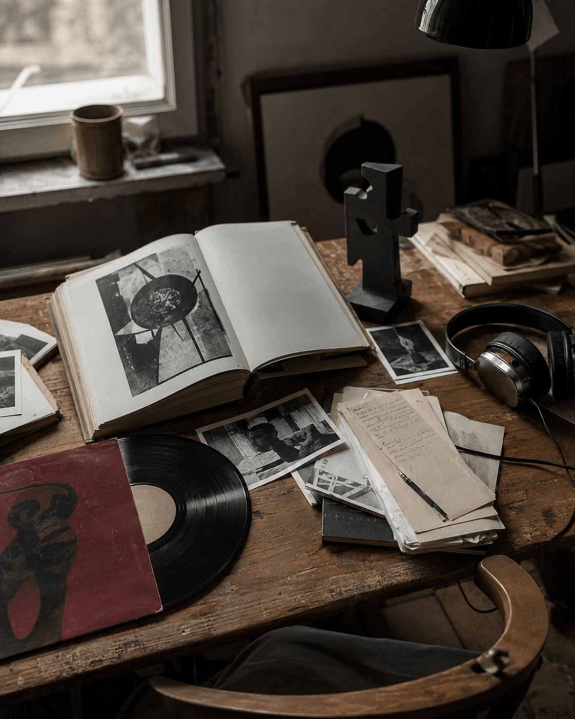 Editorial cultural still life with books, music and photography