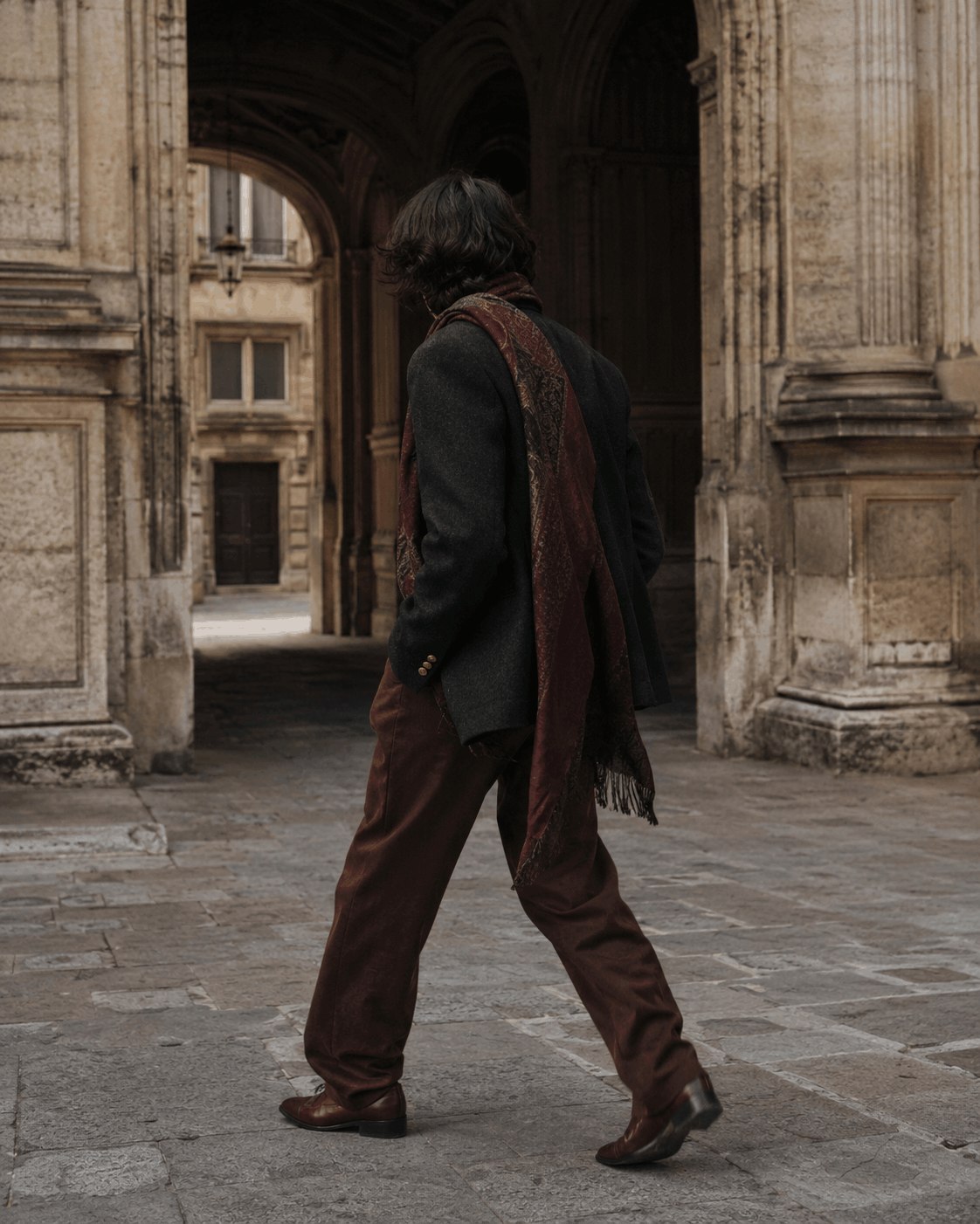 Editorial fashion styling in a European architectural setting