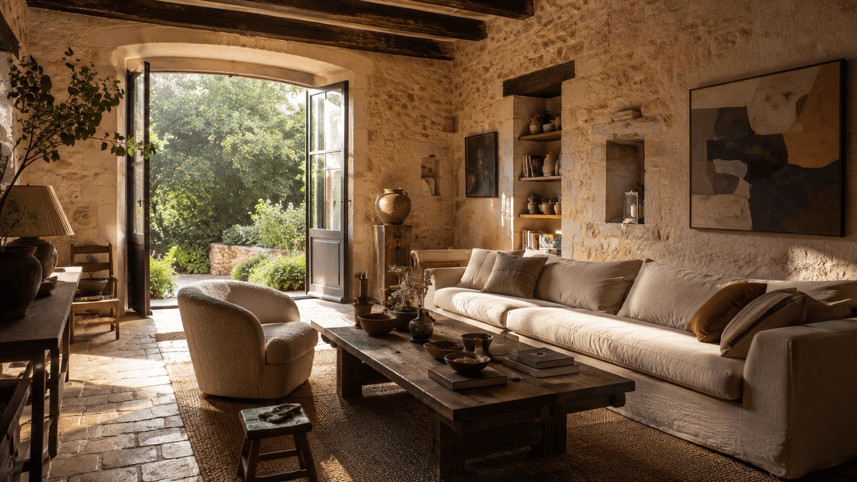 Wide cinematic interior in a lived-in European home