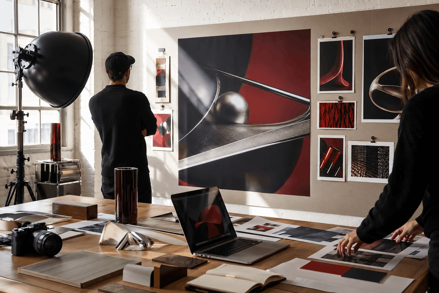 Creative studio with large visual campaign boards